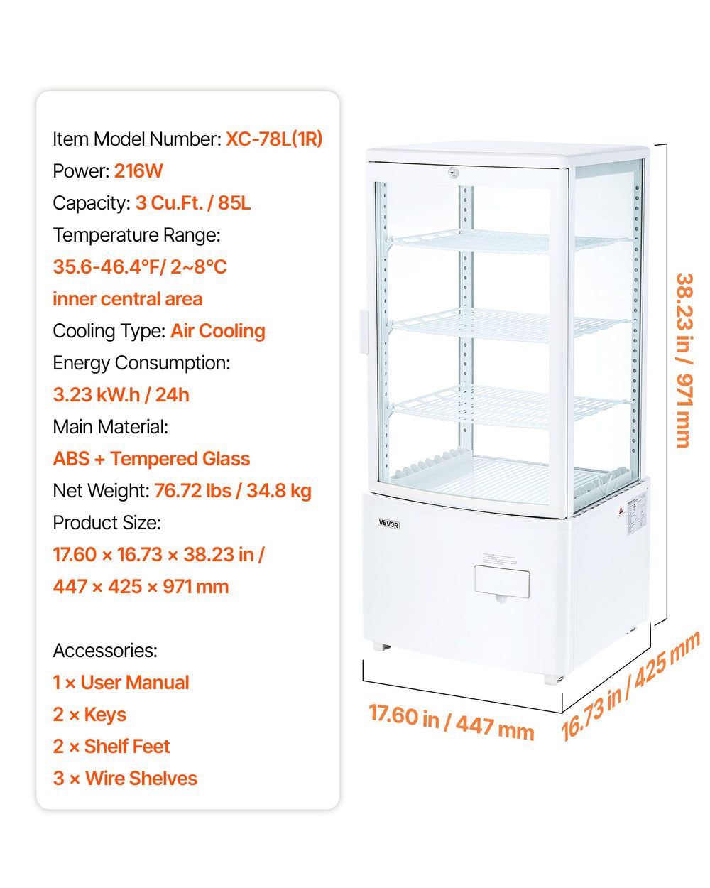 VEVOR refrigerated display case specifications and dimensions image