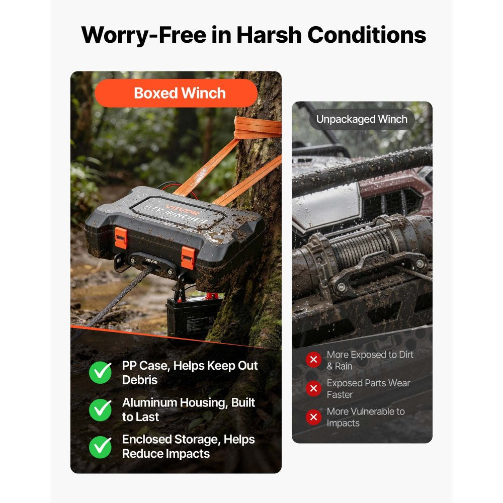 VEVOR Portable Winch, 3500 lbs 12V DC Electric Winch with Synthetic Rope, Wireless & Wired Remotes, Box-Style Recovery Kit with Fairlead, Clevis Hook, Strap for ATV UTV Off-Road Outdoor Pulling Tasks