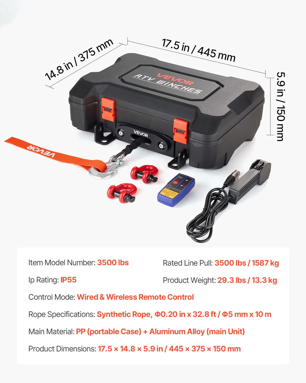 VEVOR Portable Winch, 3500 lbs 12V DC Electric Winch with Synthetic Rope, Wireless & Wired Remotes, Box-Style Recovery Kit with Fairlead, Clevis Hook, Strap for ATV UTV Off-Road Outdoor Pulling Tasks