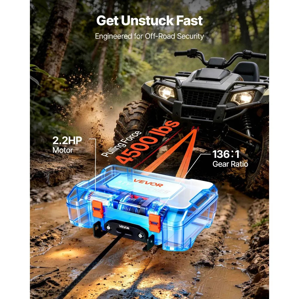 VEVOR Portable Winch, 4500 lbs 12V DC Electric Winch with Synthetic Rope, Wireless & Wired Remotes, Box-Style Recovery Kit with Fairlead, Clevis Hook, Strap for ATV UTV Off-Road Outdoor Pulling Tasks
