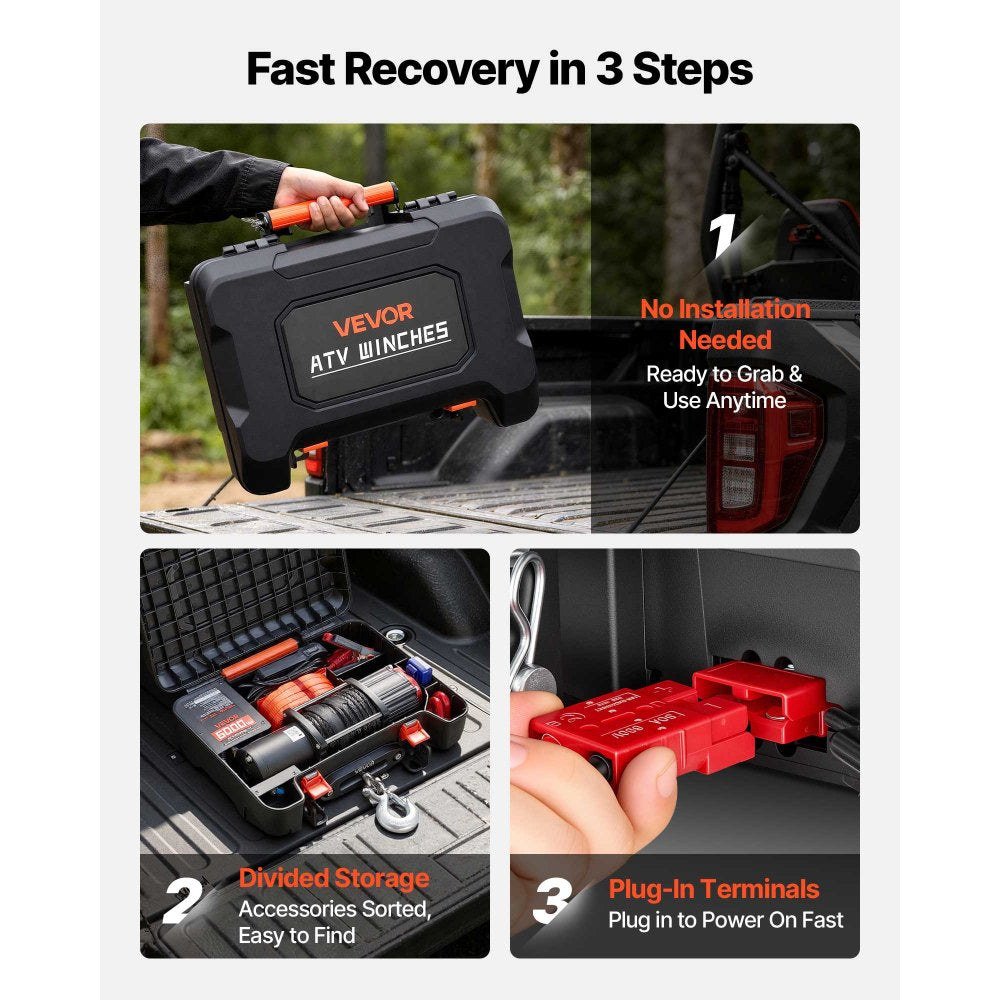 VEVOR Portable Winch, 6000 lbs 12V DC Electric Winch with Synthetic Rope, Wireless & Wired Remotes, Box-Style Recovery Kit with Fairlead, Clevis Hook, Strap for ATV UTV Off-Road Outdoor Pulling Tasks