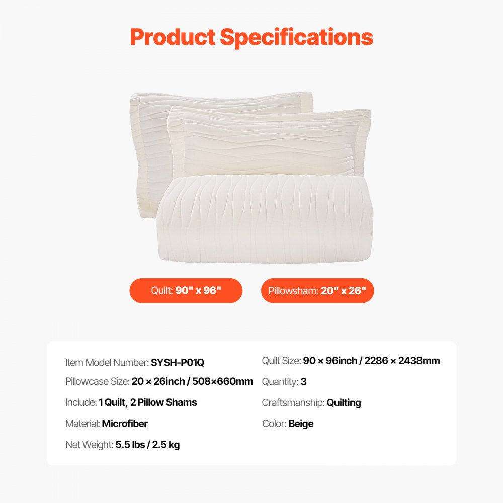 VEVOR Queen Quilt Set, 3-Piece Lightweight Comforter, Microfiber Queen Size Bedding Set, Beige Bedspreads with 1 Quilt and 2 Pillow Shams, Lightweight Bedspread Coverlet Bedding Set, for All Season