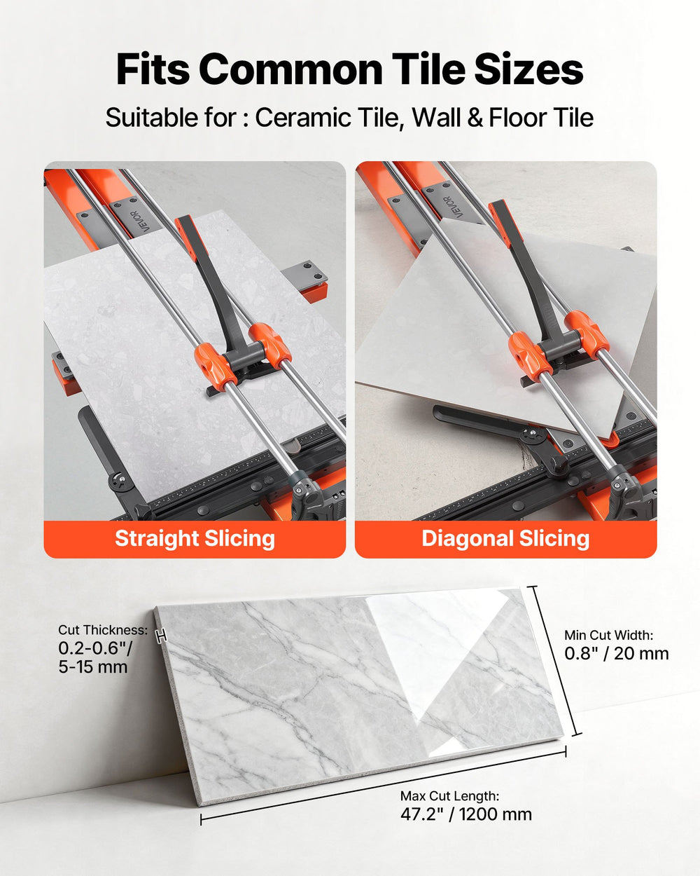 Fits common tile sizes; straight and diagonal slicing; max cut length 47.2 in