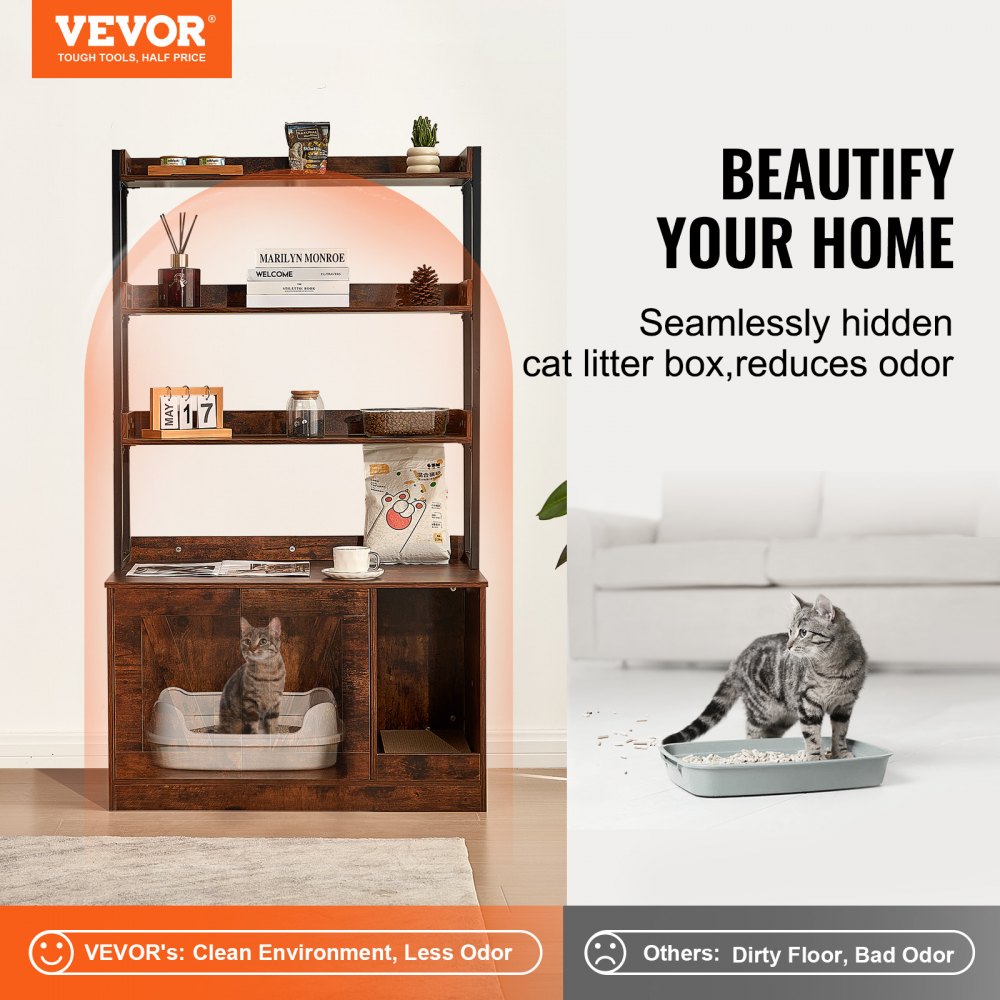 VEVOR Cat Litter Box Enclosure, Hidden Litter Box Furniture with 3 Storage Shelves, Wooden Cat Washroom Indoor, Large Cat House Cabinet Hidden Fit Most Litter Box, 33.5"L x 19.3"W x 58.7"H, Dark Brown
