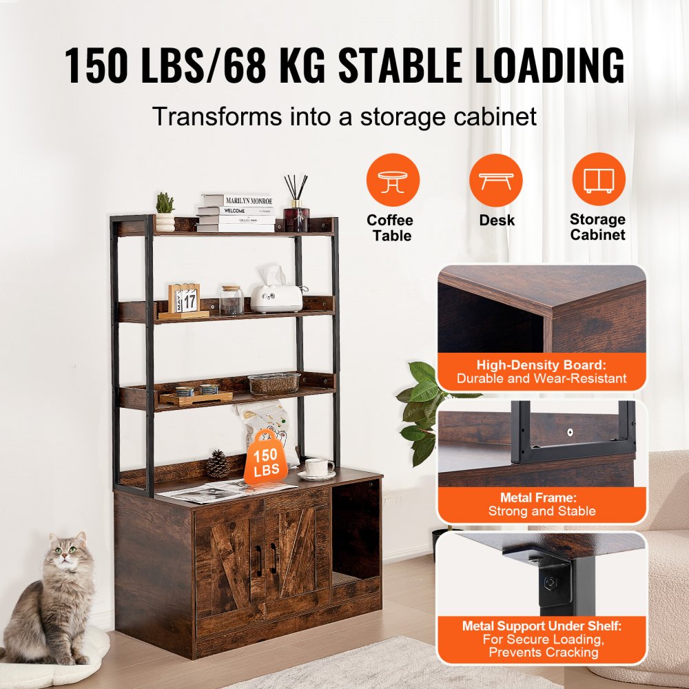 VEVOR Cat Litter Box Enclosure, Hidden Litter Box Furniture with 3 Storage Shelves, Wooden Cat Washroom Indoor, Large Cat House Cabinet Hidden Fit Most Litter Box, 33.5"L x 19.3"W x 58.7"H, Dark Brown