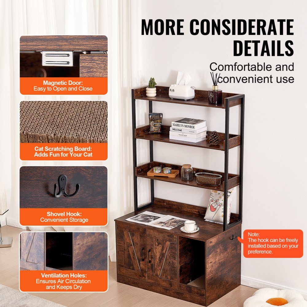 VEVOR Cat Litter Box Enclosure, Hidden Litter Box Furniture with 3 Storage Shelves, Wooden Cat Washroom Indoor, Large Cat House Cabinet Hidden Fit Most Litter Box, 33.5"L x 19.3"W x 58.7"H, Dark Brown
