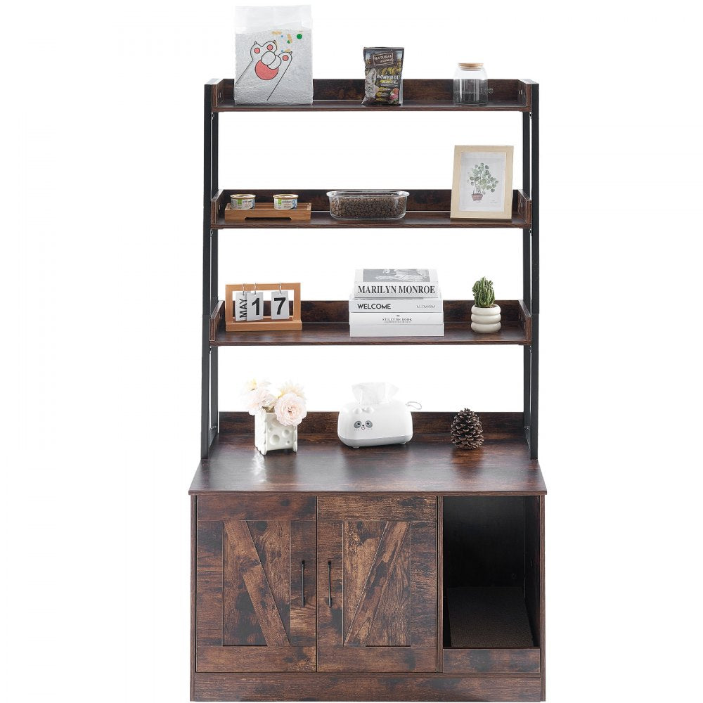 VEVOR Cat Litter Box Enclosure, Hidden Litter Box Furniture with 3 Storage Shelves, Wooden Cat Washroom Indoor, Large Cat House Cabinet Hidden Fit Most Litter Box, 33.5"L x 19.3"W x 58.7"H, Dark Brown