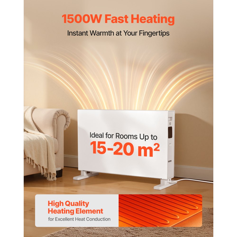 VEVOR Convection Panel Heater, 1500W Electric Panel Space Heater with Remote & Touch Control, 3 Modes, 24H Timer, Stand or Wall Mount Design with Anti-Tipping & Overheat Protection for Home and Office