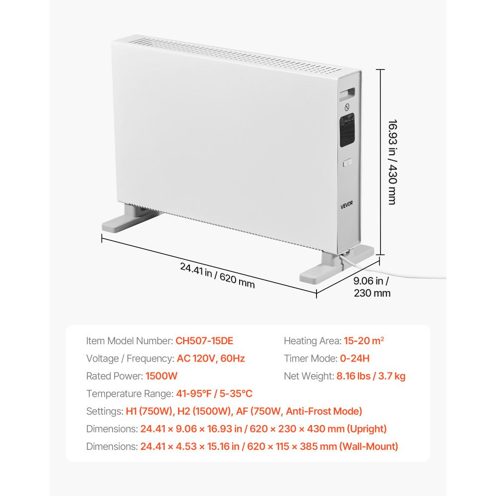 VEVOR Convection Panel Heater, 1500W Electric Panel Space Heater with Remote & Touch Control, 3 Modes, 24H Timer, Stand or Wall Mount Design with Anti-Tipping & Overheat Protection for Home and Office