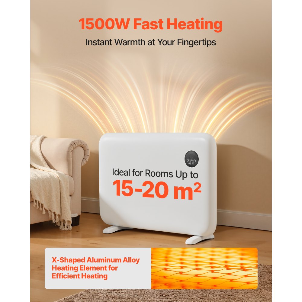 VEVOR Convection Panel Heater, 1500W Electric Panel Space Heater with Remote & Touch Control, Portable Stand or Wall Mount Design with Anti-Tipping and Overheat Protection for Home and Office, White