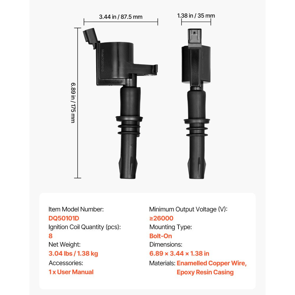 VEVOR Ignition Coil Pack, Set of 8, Compatible with Ford Expedition F150 F250 F350 Lincoln Mark LT Lincoln Navigator, for Engines 4.6L 5.4L V8 6.8L V10, Replacement for DG511 5C1584 C1541 UF537 FD508