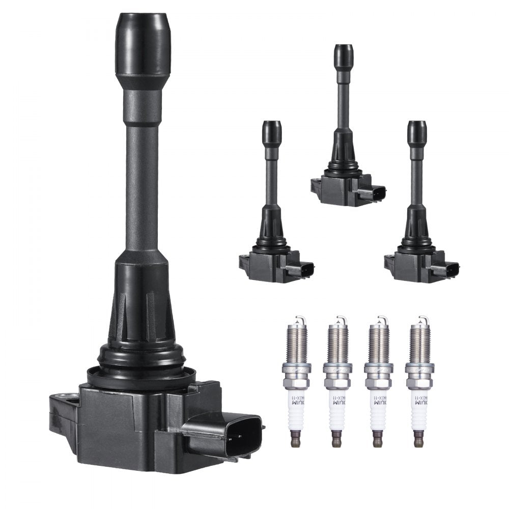 VEVOR Ignition Coil Pack and Spark Plugs, Set of 4, Compatible with Nissan Altima Versa Sentra Cube Rogue NV200 2.5L 2.0L 1.8L 1.6L L4, Replacement for 22448ED000 22448JA00A 22448JA00C 22448-JA00A