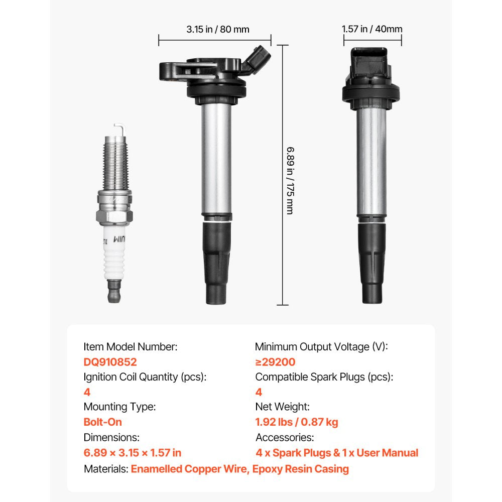 VEVOR Ignition Coil Pack and Spark Plugs, Set of 4, Compatible with Toyota Corolla Matrix Prius Prius V Scion IM xD Pontiac Vibe Lexus CT200h 1.8L L4, Replacement for UF596 UF-619 90919-02252 C1714