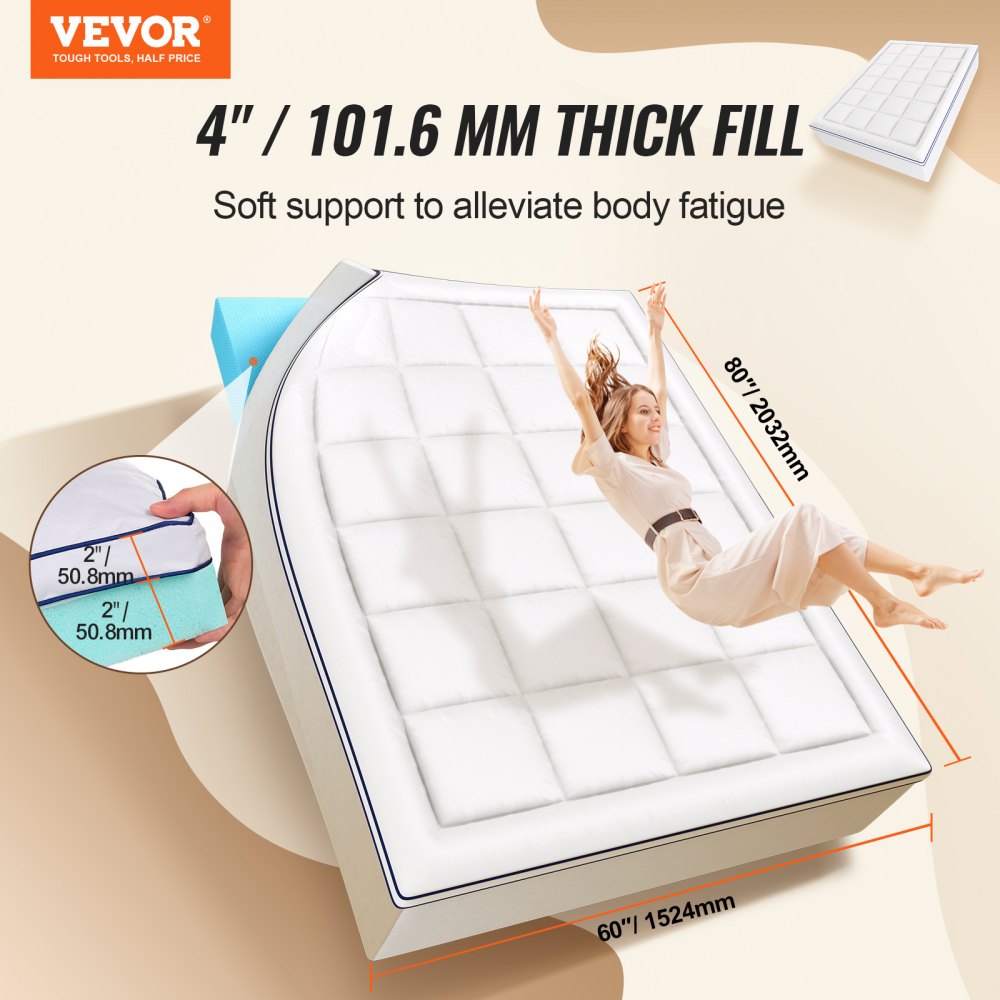 VEVOR Mattress Topper, Queen Size, 4 in Thickness, Memory Foam, Fiber Fill, Detachable & Washable, Ergonomically Designed for Pressure Relief, Comfortable Cooling & Breathable, Ideal for Hot Sleepers