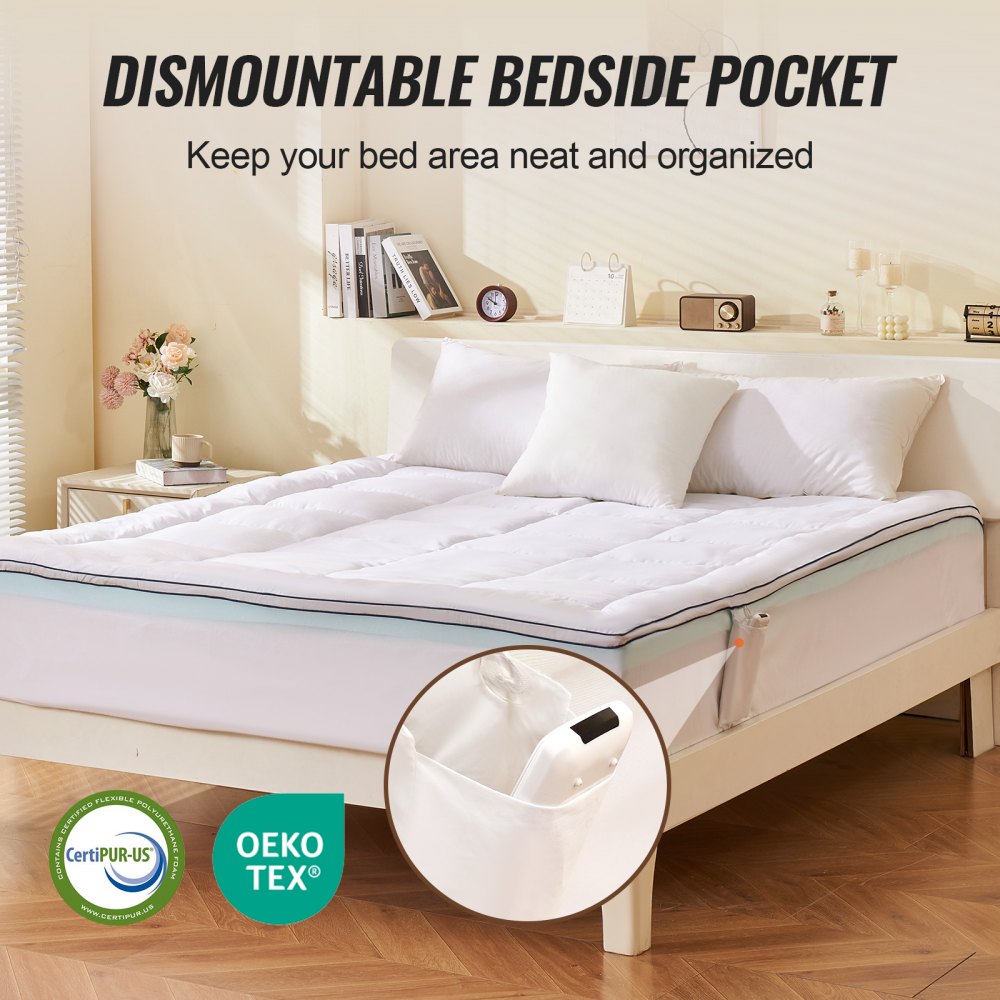 VEVOR Mattress Topper, Queen Size, 4 in Thickness, Memory Foam, Fiber Fill, Detachable & Washable, Ergonomically Designed for Pressure Relief, Comfortable Cooling & Breathable, Ideal for Hot Sleepers