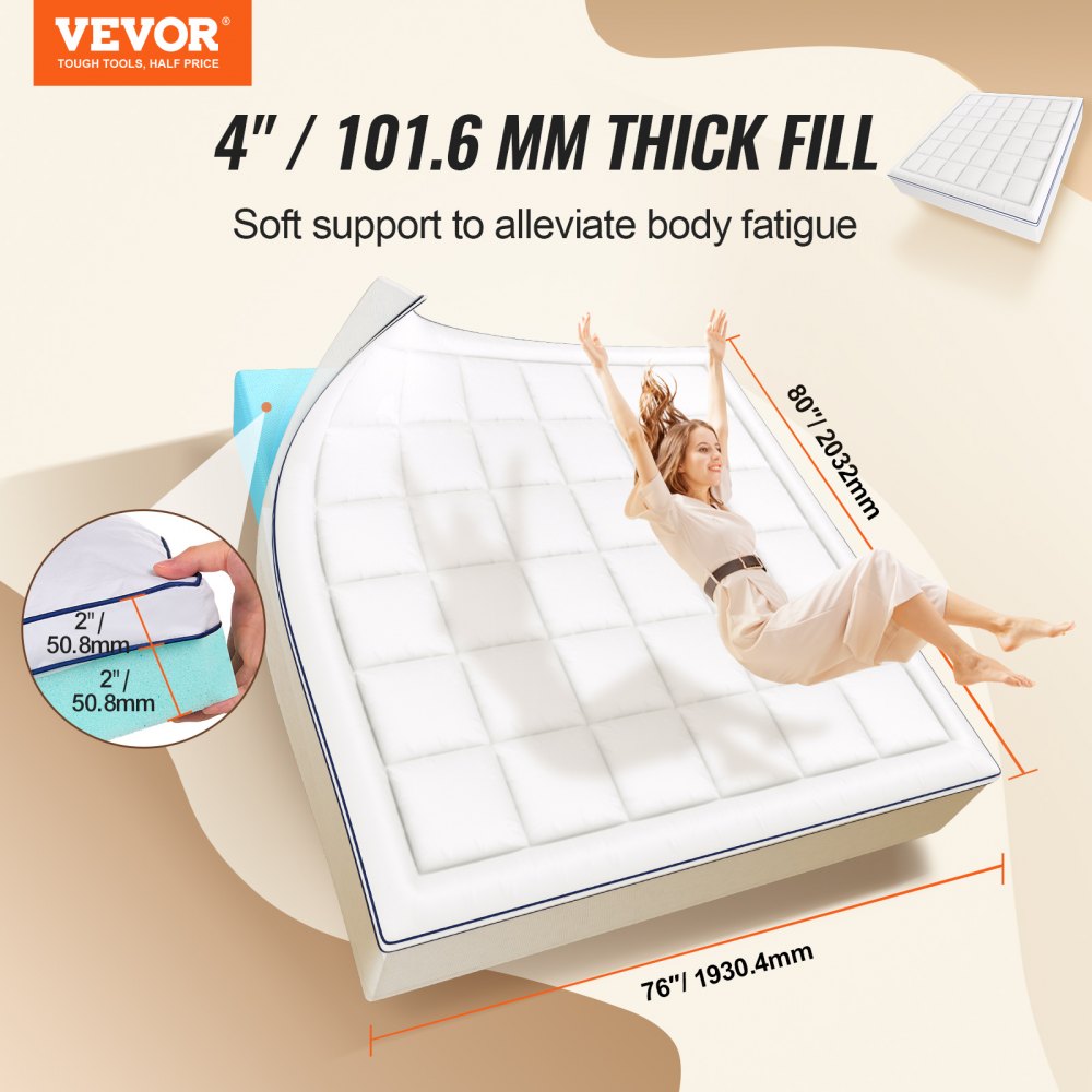 VEVOR Mattress Topper, King Size, 4 in Thickness, Memory Foam, Fiber Fill, Detachable & Washable, Ergonomically Designed for Pressure Relief, Comfortable Cooling & Breathable, Ideal for Hot Sleepers