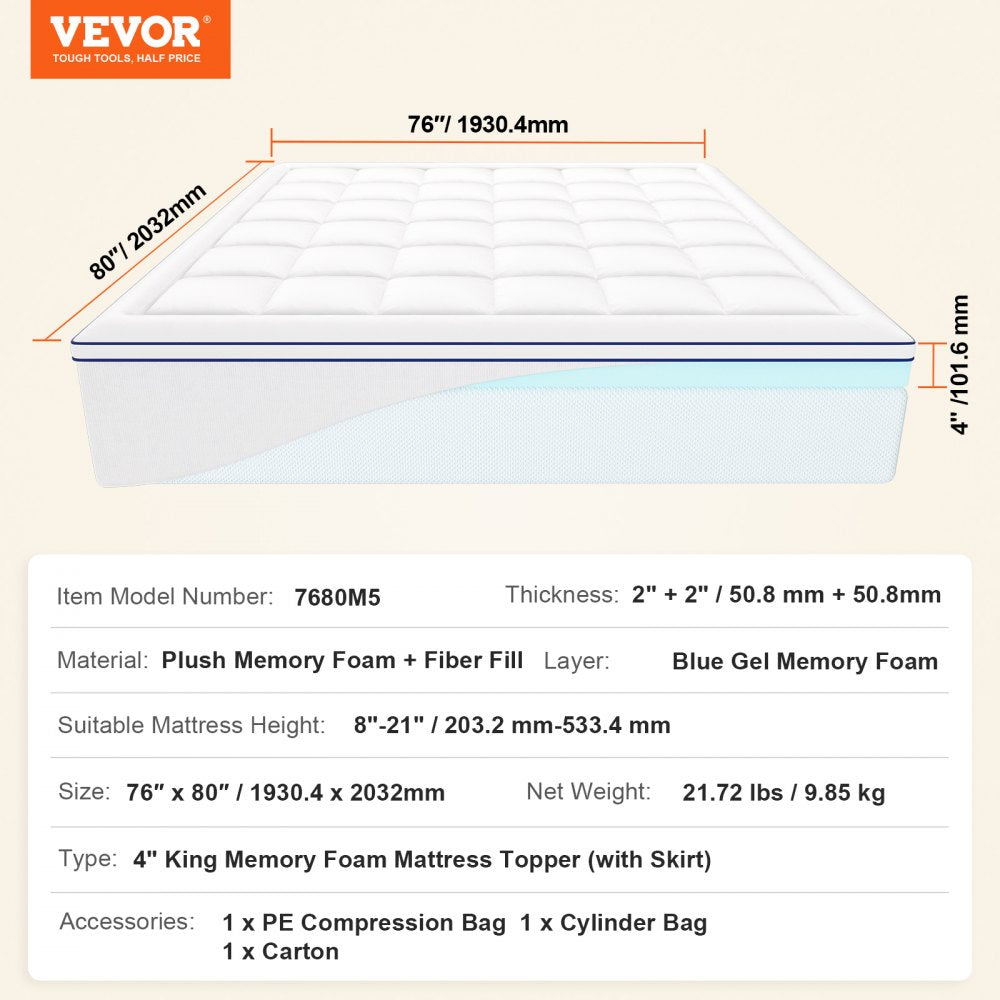 VEVOR Mattress Topper, King Size, 4 in Thickness, Memory Foam, Fiber Fill, Detachable & Washable, Ergonomically Designed for Pressure Relief, Comfortable Cooling & Breathable, Ideal for Hot Sleepers