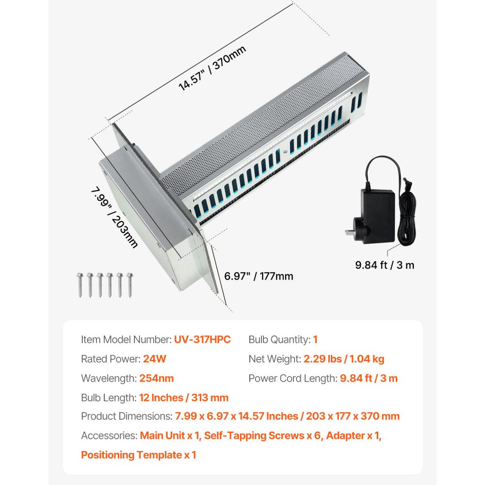 VEVOR HVAC Air Purifier Whole House, 24W 12inch, Light in Duct for Ac (Air Conditioning) Duct, Air Scrubber with 2 Bulb, PCO Technology and Carbon Filtration HVAC lights for Ac Systems