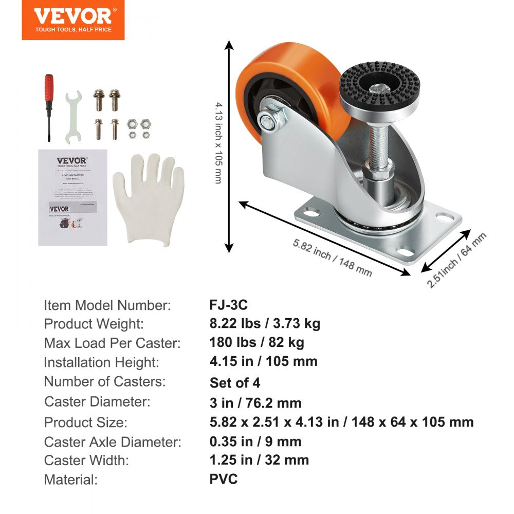 VEVOR Leveling Casters, Set of 4, 720 lbs Total Load Capacity, 3 inches Diameter, Heavy Duty 360 Degree Swivel Caster Wheels, Adjustable Casters with Feet for Workbench, Machine, Equipment, Furniture