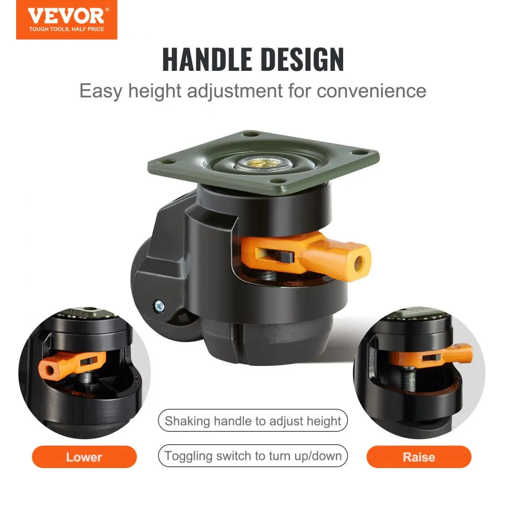 VEVOR Leveling Casters, 4-Pack Heavy Duty 360° Swivel Caster Wheels Hold up to 1100 lbs Load, 2 inches Caster Diameter, Adjustable Casters with Upgraded Handle Design and Feet for Workbench & Machine