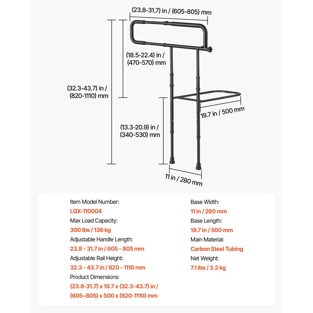 VEVOR Bed Rails for Elderly Adults Folding Bed Side Rail with Floor Support, Length & Height Adjustable, High-Strength Steel Bedside Assist Cane, Fits King Queen Full Twin Bed, 300LBS Strong Capacity