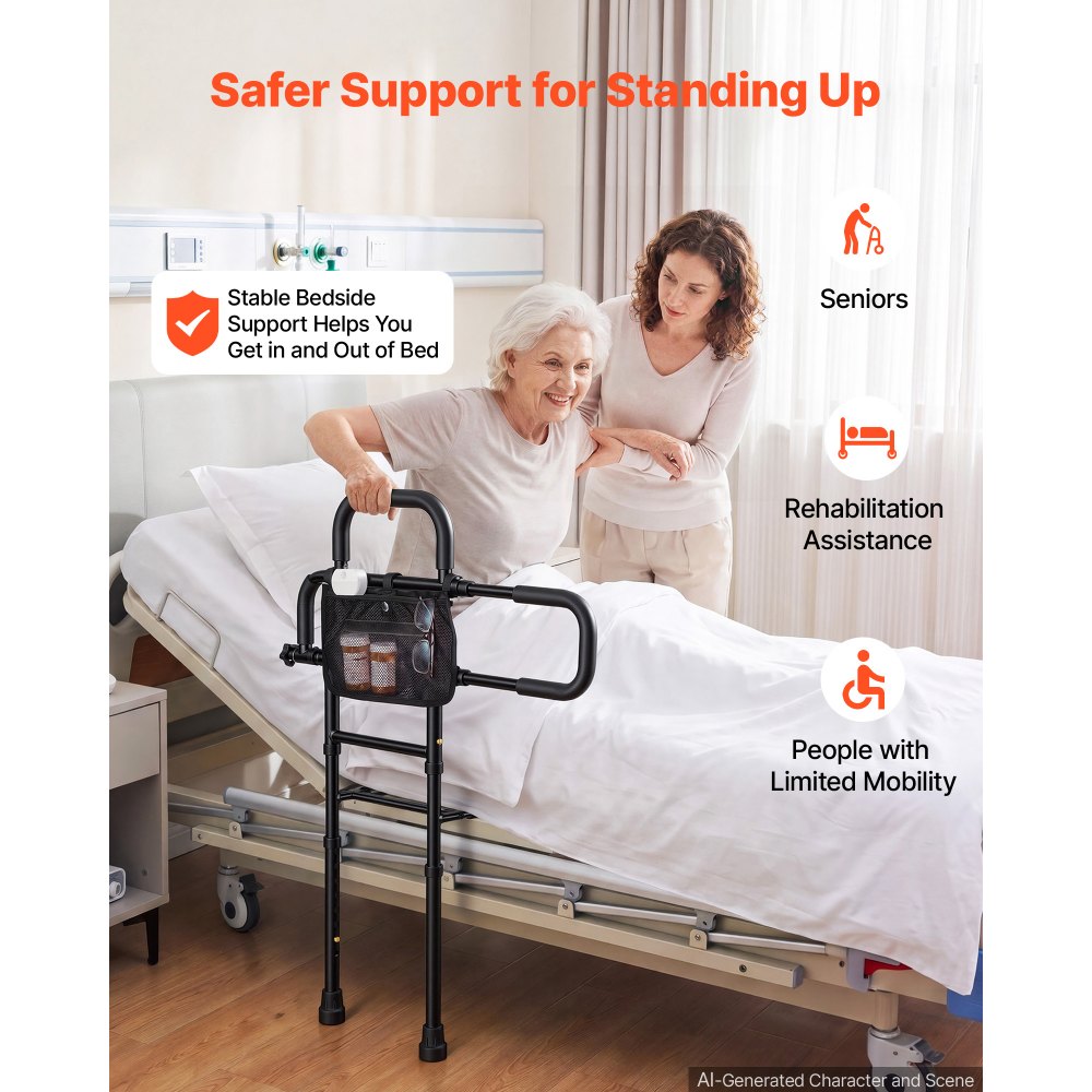 VEVOR Bed Rail for Elderly Adult Folding Bed Assist Rail with Floor Support, Motion Sensor LED Light, 300LBS Dual-Handle Support, Adjustable Handle Length, Storage Pocket, Fit King Queen Full Twin Bed