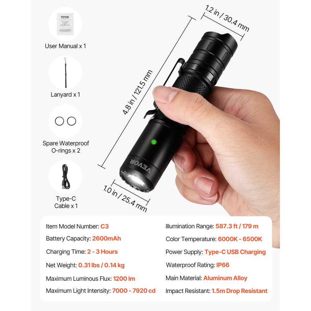 VEVOR Rechargeable Flashlight, High Lumens LED Flashlight with 6 Lighting Modes, IP66 Waterproof Handheld Flash Light for Home, Hiking, Camping, Emergencies, Lightweight & Portable