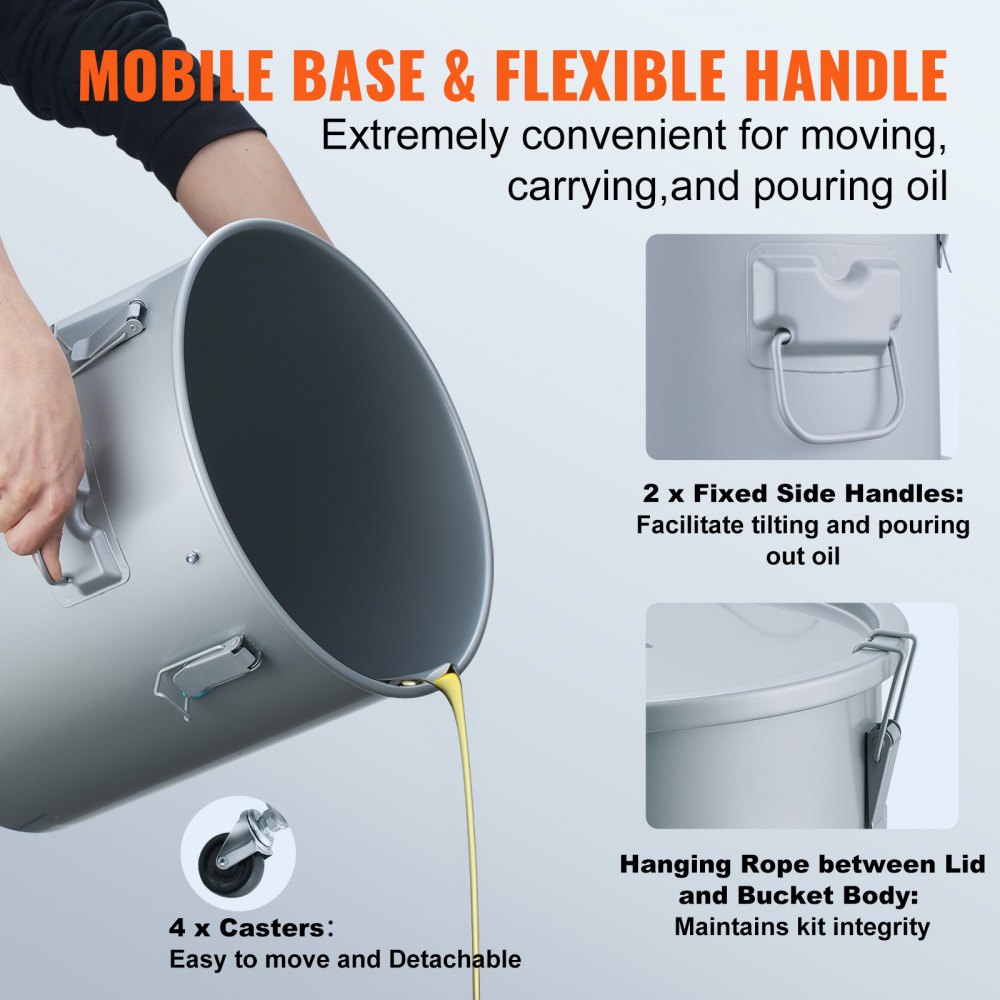 VEVOR Fryer Grease Bucket, 16 Gal Oil Disposal Caddy with Caster Base, Carbon Steel Rust-Proof Coating, Oil Transport Container with Lid, Lock Clips, Filter Bag for Hot Cooking Oil Filtering, Gray