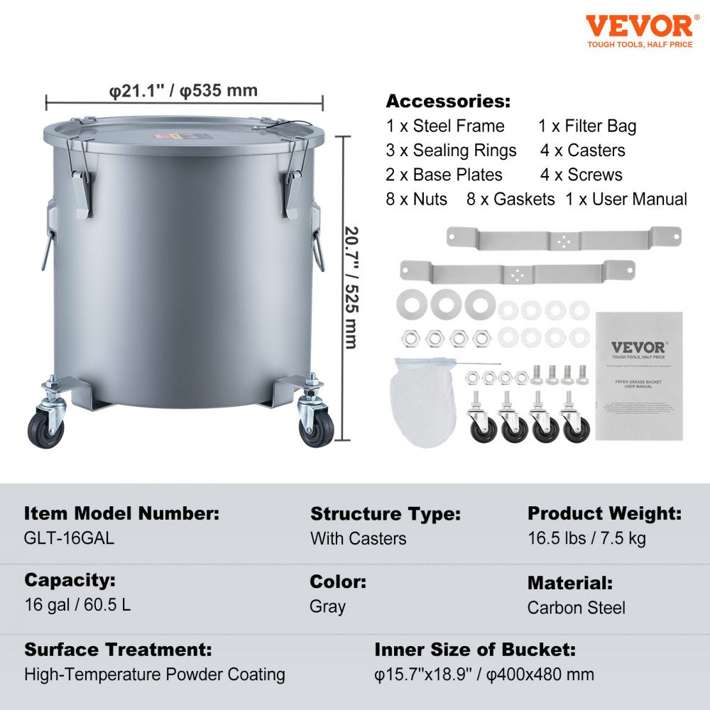 VEVOR Fryer Grease Bucket, 16 Gal Oil Disposal Caddy with Caster Base, Carbon Steel Rust-Proof Coating, Oil Transport Container with Lid, Lock Clips, Filter Bag for Hot Cooking Oil Filtering, Gray