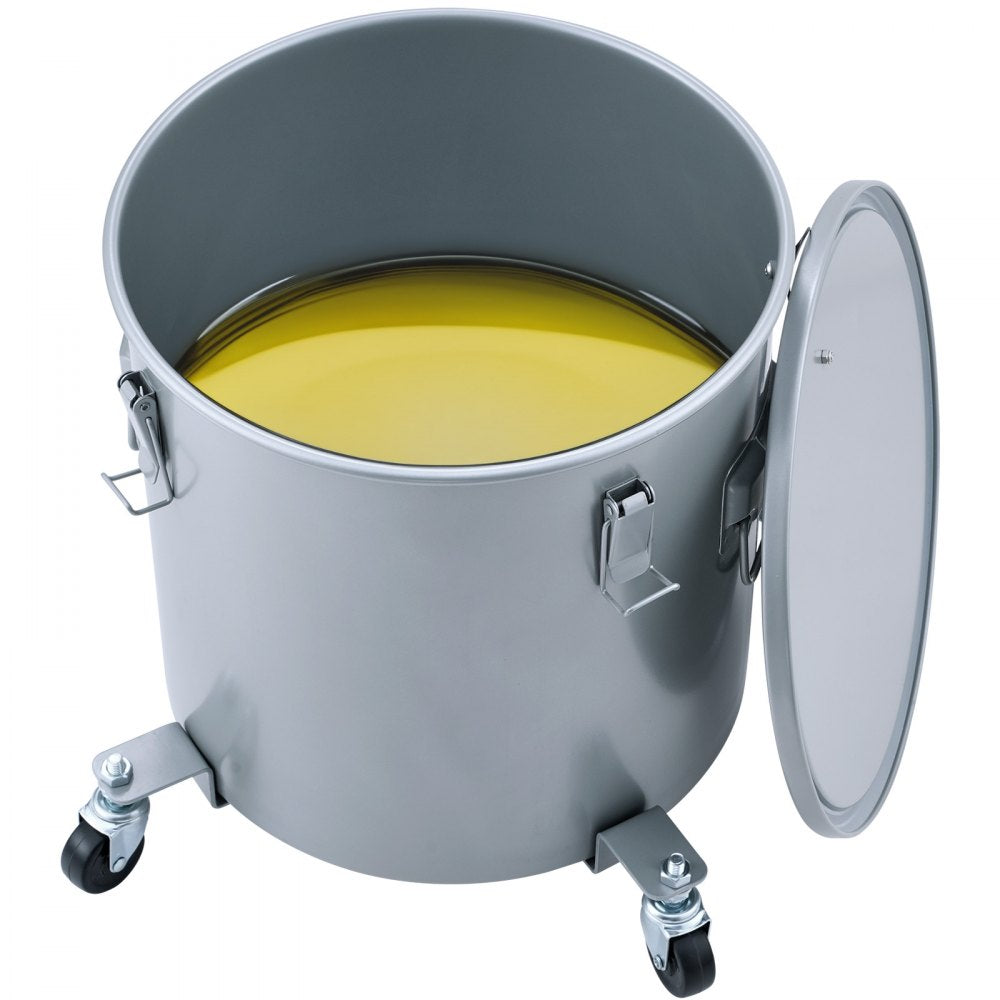 VEVOR Fryer Grease Bucket, 16 Gal Oil Disposal Caddy with Caster Base, Carbon Steel Rust-Proof Coating, Oil Transport Container with Lid, Lock Clips, Filter Bag for Hot Cooking Oil Filtering, Gray