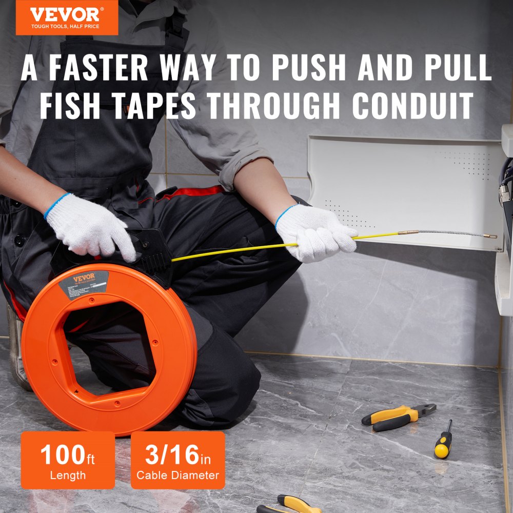 VEVOR Fish Tape, 100 ft, 3/16-inch, Fiberglass Cable Guide with Enhanced Casing and Grip, User-Friendly Wire Routing Instrument, Bendable Wiring Aid for Walls and Electrical Ducts, Insulating