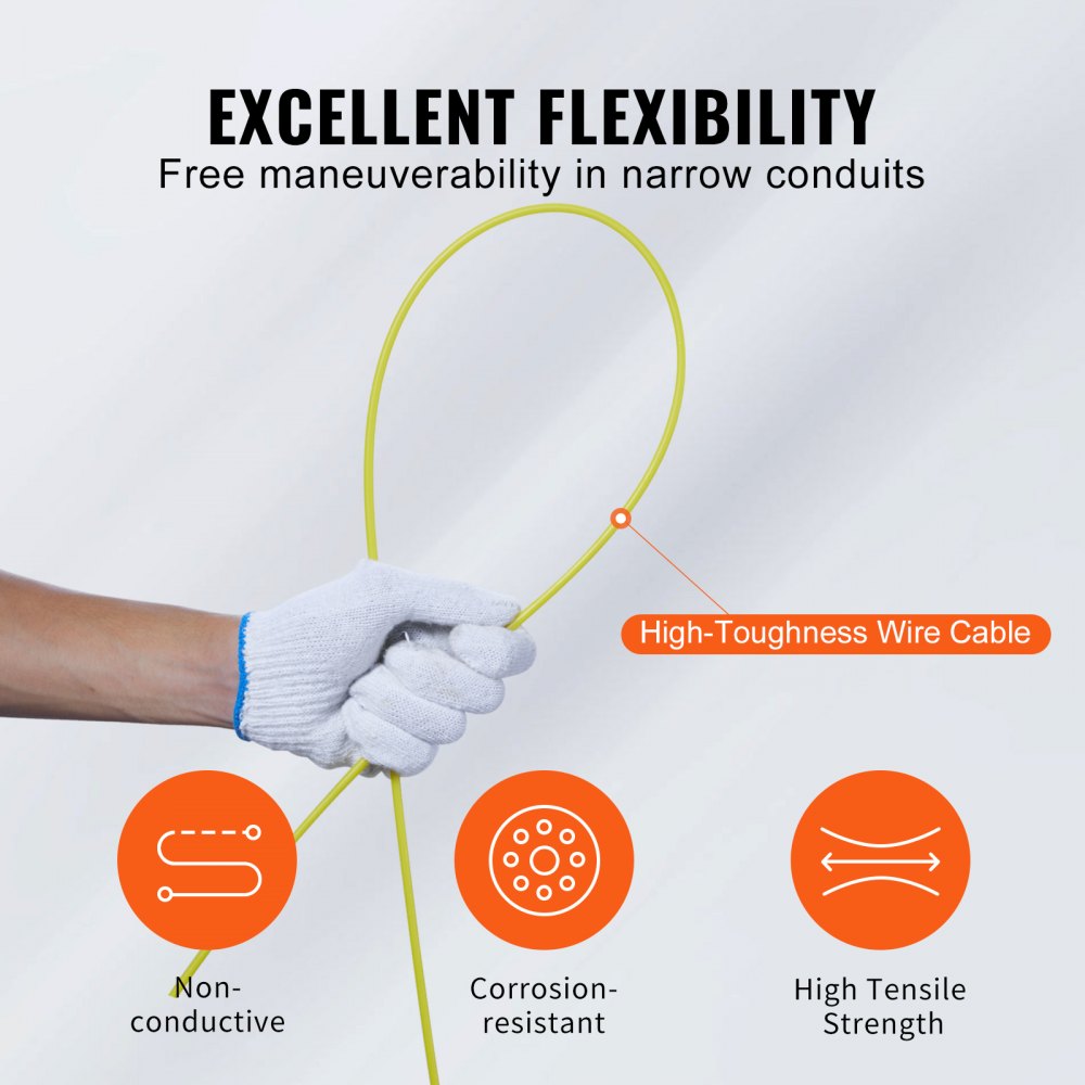 VEVOR Fish Tape, 100 ft, 3/16-inch, Fiberglass Cable Guide with Enhanced Casing and Grip, User-Friendly Wire Routing Instrument, Bendable Wiring Aid for Walls and Electrical Ducts, Insulating