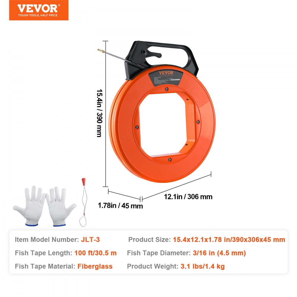 VEVOR Fish Tape, 100 ft, 3/16-inch, Fiberglass Cable Guide with Enhanced Casing and Grip, User-Friendly Wire Routing Instrument, Bendable Wiring Aid for Walls and Electrical Ducts, Insulating