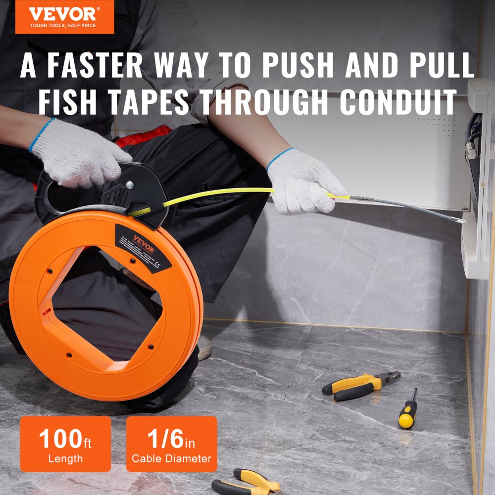 VEVOR Fish Tape, 100 ft, 1/6-inch, Fiberglass Wire Puller with Optimized Housing and Handle, Easy-to-Use Cable Puller Tool, Flexible Wire Fishing Tools for Wall and Electrical Conduit, Non-Conductive