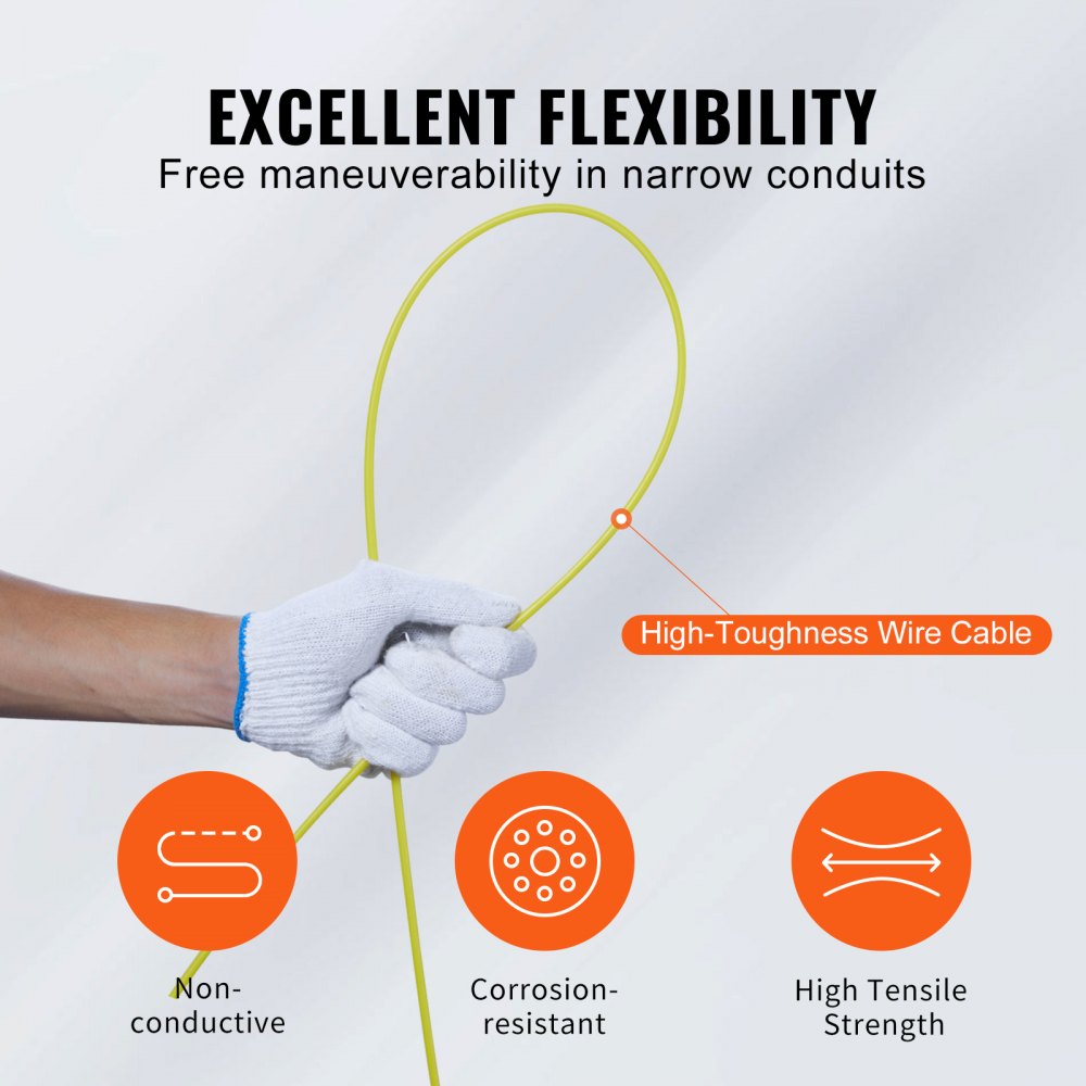 VEVOR Fish Tape, 100 ft, 1/6-inch, Fiberglass Wire Puller with Optimized Housing and Handle, Easy-to-Use Cable Puller Tool, Flexible Wire Fishing Tools for Wall and Electrical Conduit, Non-Conductive