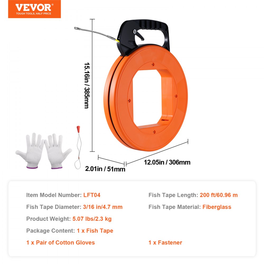 VEVOR Fish Tape, 200 ft, 3/16-inch, Fiberglass Wire Puller with Optimized Housing and Handle, Easy-to-Use Cable Puller Tool, Flexible Wire Fishing Tools for Wall and Electrical Conduit, Non-Conductive