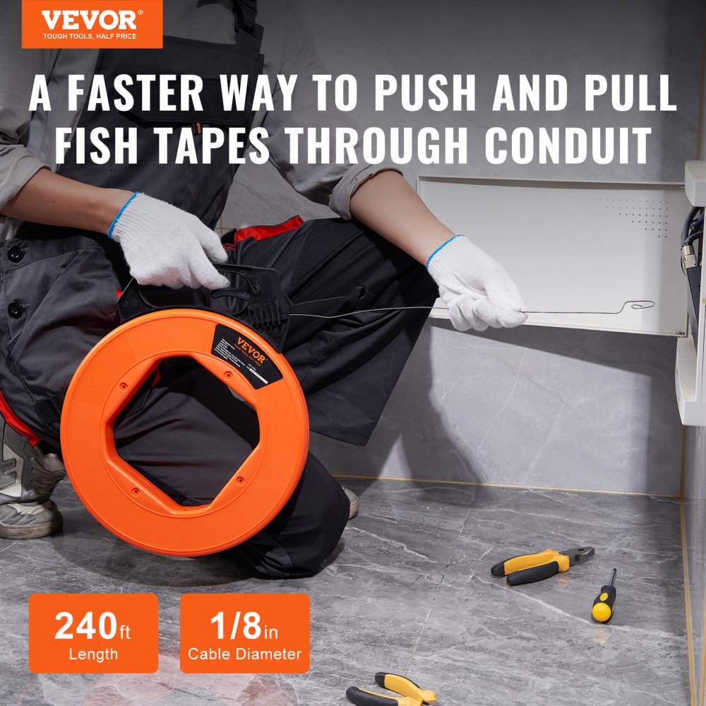 VEVOR Steel Wire Puller, 240ft, 1/8in, with Enhanced Housing & Handle, Simplified Cable Pulling Device, Adaptable for Wall & Electrical Conduit Wiring, Insulated