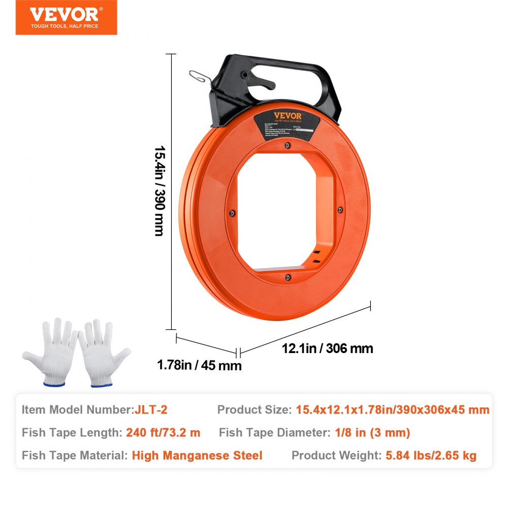 VEVOR Steel Wire Puller, 240ft, 1/8in, with Enhanced Housing & Handle, Simplified Cable Pulling Device, Adaptable for Wall & Electrical Conduit Wiring, Insulated