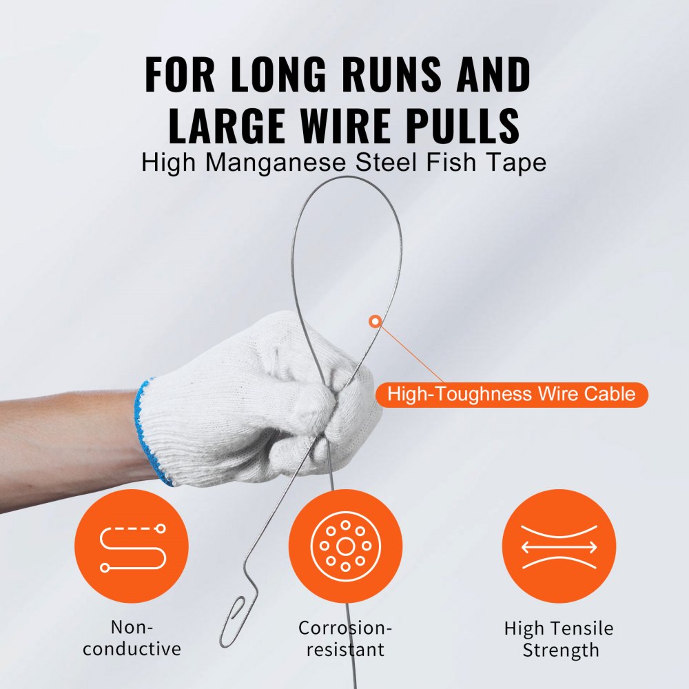 VEVOR Fish Tape, 120-foot, 1/8-inch, Steel Wire Puller with Optimized Housing and Handle, Easy-to-Use Cable Puller Tool, Flexible Wire Fishing Tools for Walls and Electrical Conduit, Non-Conductive