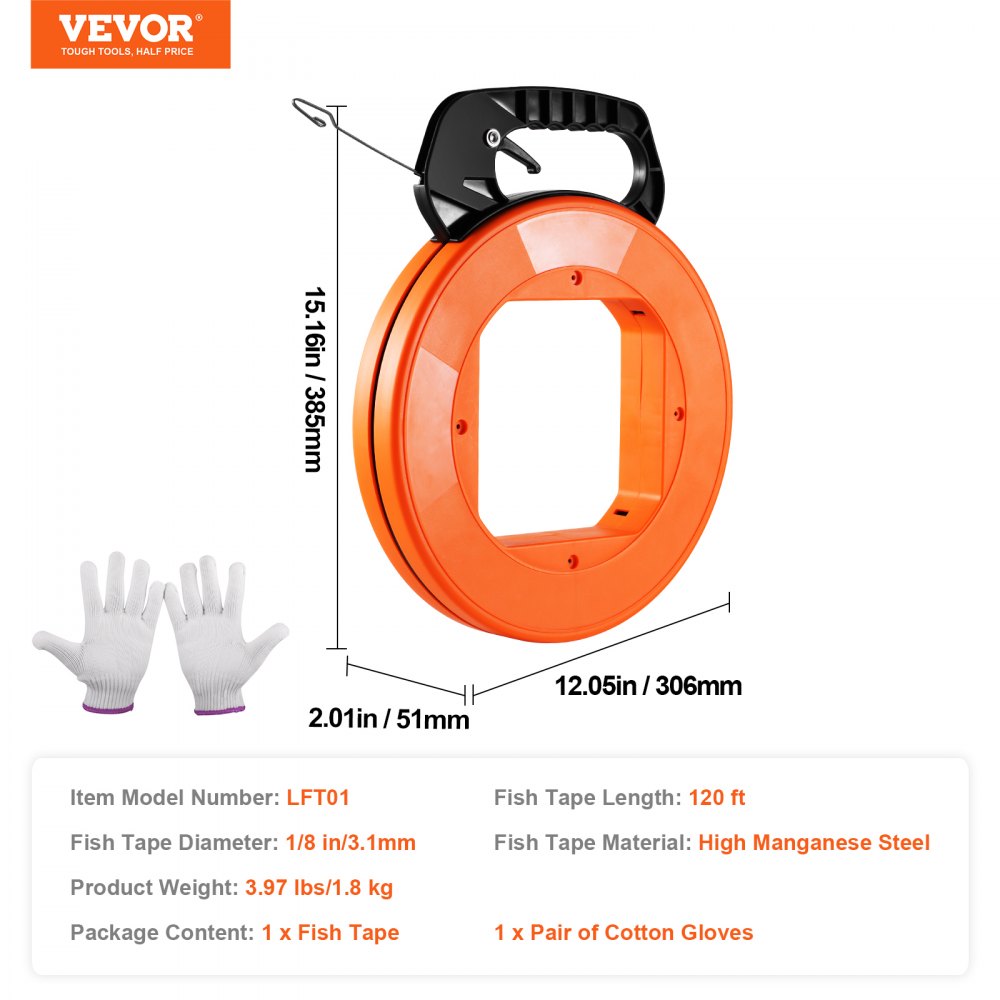 VEVOR Fish Tape, 120-foot, 1/8-inch, Steel Wire Puller with Optimized Housing and Handle, Easy-to-Use Cable Puller Tool, Flexible Wire Fishing Tools for Walls and Electrical Conduit, Non-Conductive