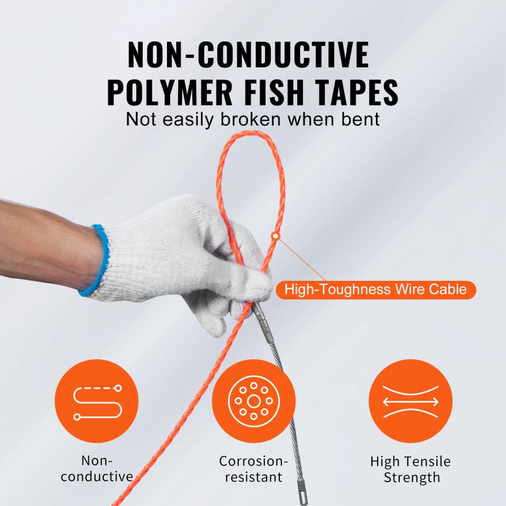 VEVOR Fish Tape, 100-foot, 1/4-inch, PET Wire Puller with Optimized Housing and Handle, Easy-to-Use Cable Puller Tool, Flexible Wire Fishing Tools for Walls and Electrical Conduit, Non-Conductive