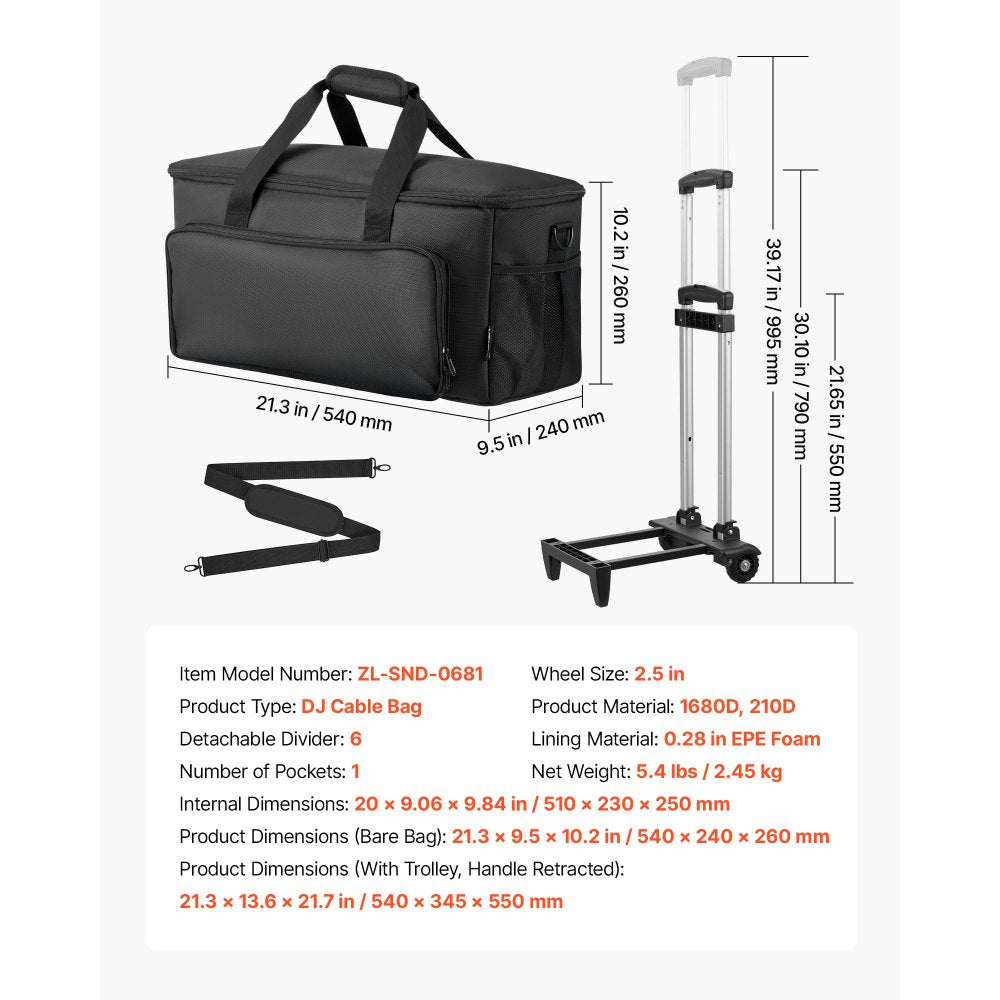 VEVOR Rolling DJ Cable Bag, 1680D, Padded File Gig Bag with Wheels, 6 Detachable Divider, Travel Storage Music Gear Case, for Professional DJ Gear, Musical Instrument and Accessories, Sound Equipment
