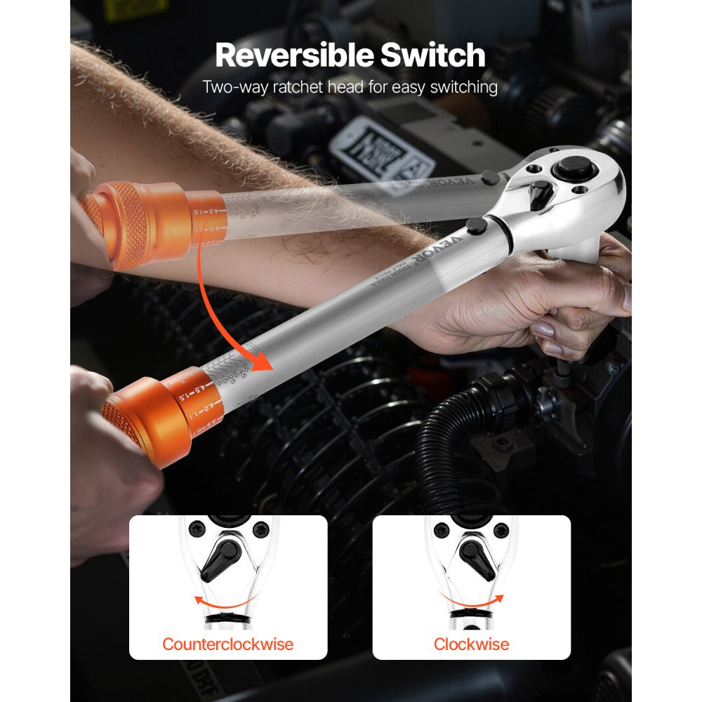 VEVOR Click Torque Wrench Set, 3/8 Inch Drive, 5-60 N.m / 3.7-44.3 lbf.ft, Dual-direction, 72-Tooth, ±3% High Precision, with Sockets, Bits, Extension Bar, Spark Plug Sockets, Adapter, Orange