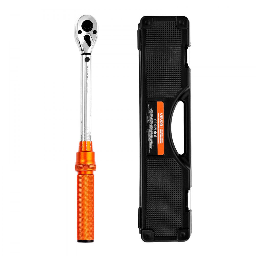 VEVOR Click Torque Wrench Set, 3/8 Inch Drive, 5-60 N.m / 3.7-44.3 lbf.ft, Dual-direction, 72-Tooth, ±3% High Precision, with Sockets, Bits, Extension Bar, Spark Plug Sockets, Adapter, Orange