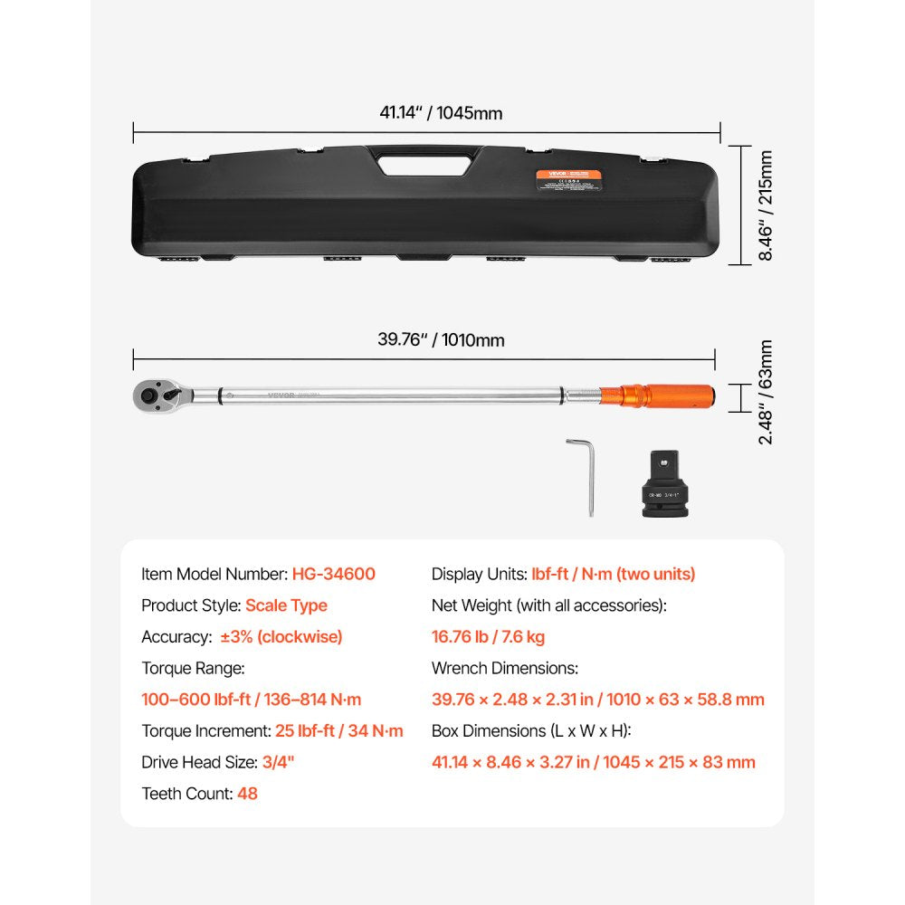 VEVOR Click Torque Wrench, 3/4 Inch Drive, 100-600 lbf-ft / 136-814N.m, Dual-direction Torque Wrench Set with Dual Range Scales, 48-tooth, ±3% High Precision, Alloy Steel, for Automobile Repair