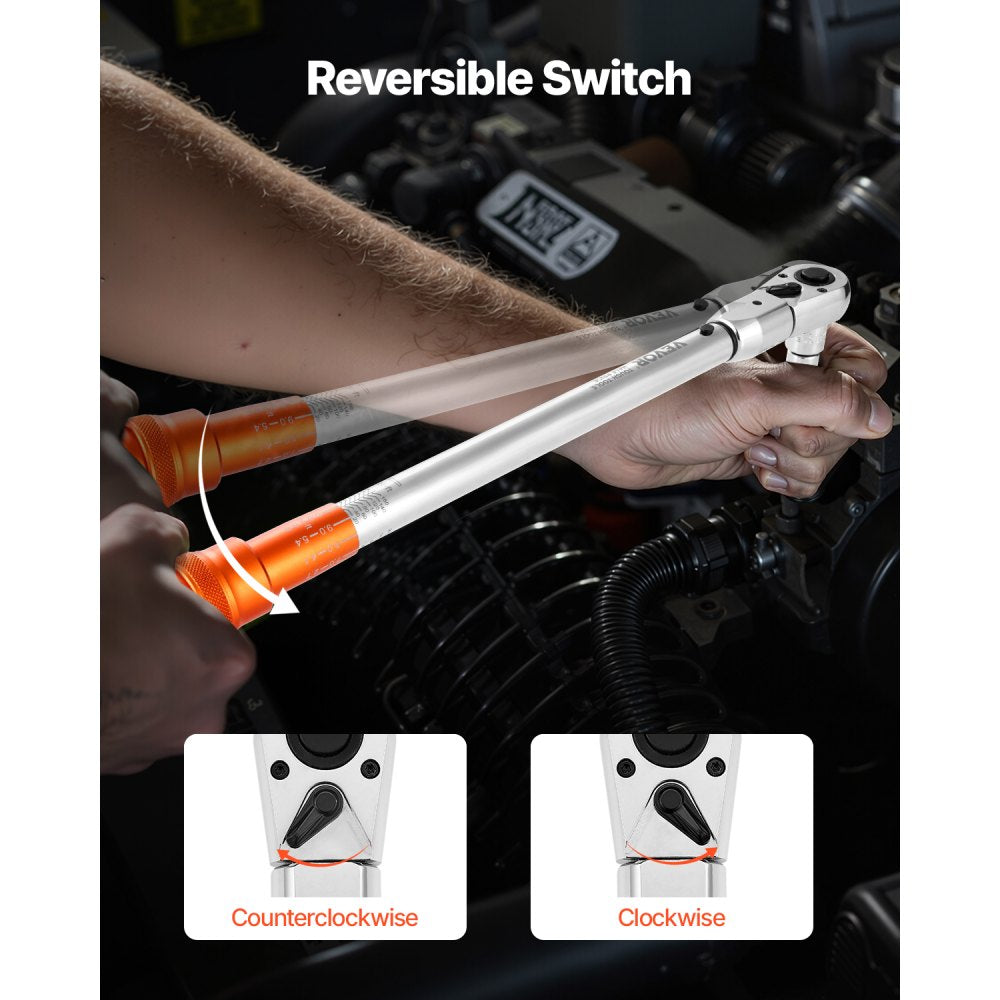 VEVOR Adjustable Click Torque Wrench, 1/2 Inch Drive, 20-160 lbf-ft/27.1-216.8 N.m, Dual-direction and Dual Range Scales, 72-Tooth, ±2% Precision, with Adapter Interchangeable Jaw and Ratchet Head