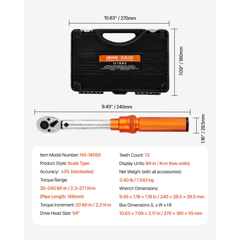VEVOR Click Torque Wrench Set, 1/4Inch Drive, 20-240 lbf-in / 2.3-27.1N.m, Dual-direction and Dual Range Scales, 72-Tooth, ±3% High Precision, with Bits, Sockets, Adapters, Extension Bar, Orange