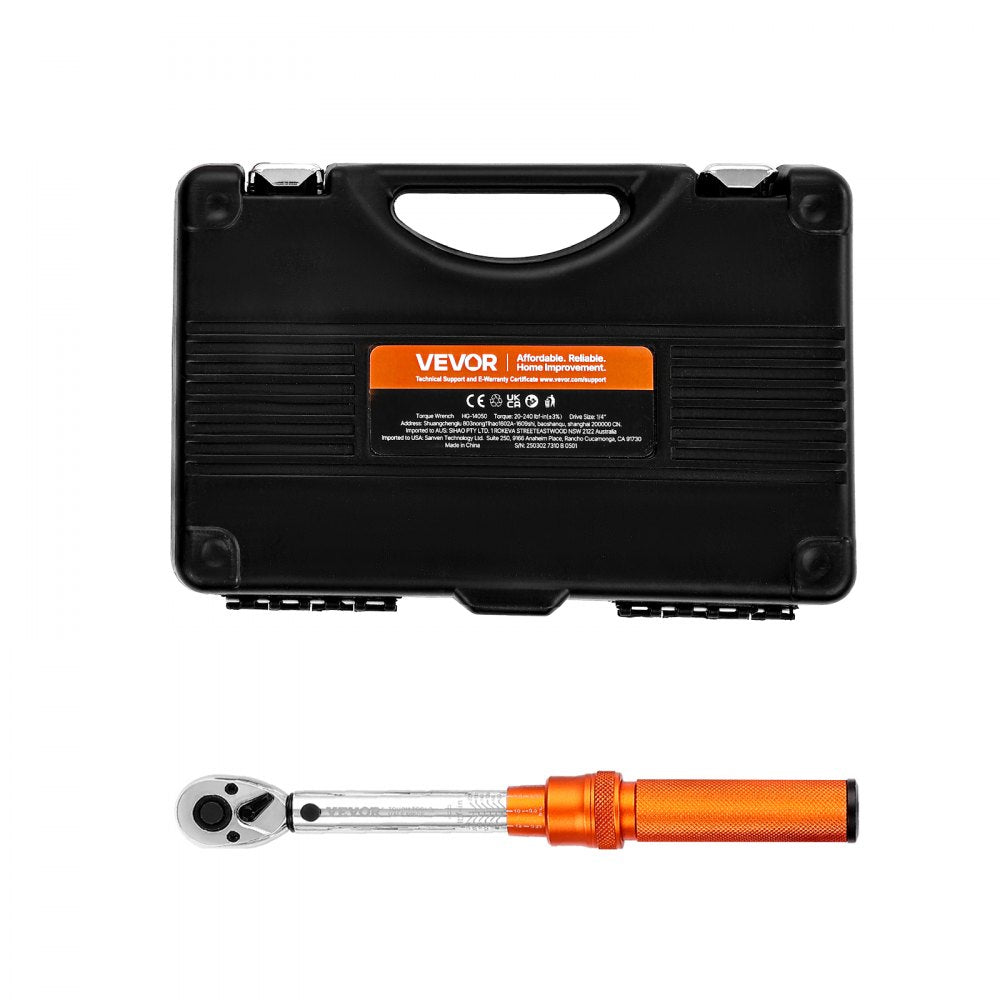 VEVOR Click Torque Wrench Set, 1/4Inch Drive, 20-240 lbf-in / 2.3-27.1N.m, Dual-direction and Dual Range Scales, 72-Tooth, ±3% High Precision, with Bits, Sockets, Adapters, Extension Bar, Orange
