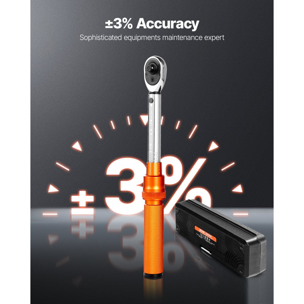 VEVOR Click Torque Wrench Set, 1/4Inch Drive, 20-200lbf-in/2.3-22.6N.m, Dual-direction and Dual Range Scales, 72-Tooth, ±3% High Precision, with Bit Sockets, Extension Bar, for Bicycle Repair, Orange
