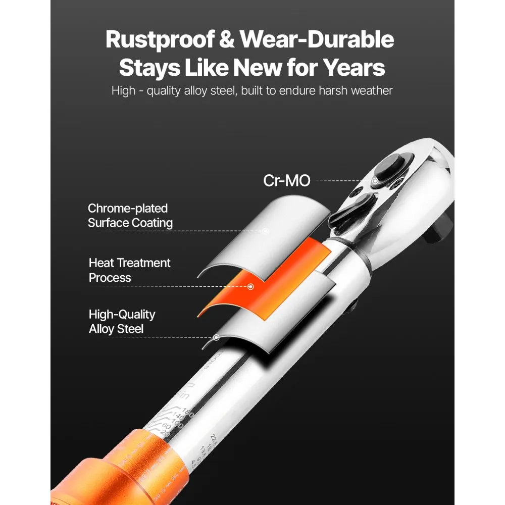 VEVOR Click Torque Wrench Set, 1/4Inch Drive, 20-200lbf-in/2.3-22.6N.m, Dual-direction and Dual Range Scales, 72-Tooth, ±3% High Precision, with Bit Sockets, Extension Bar, for Bicycle Repair, Orange